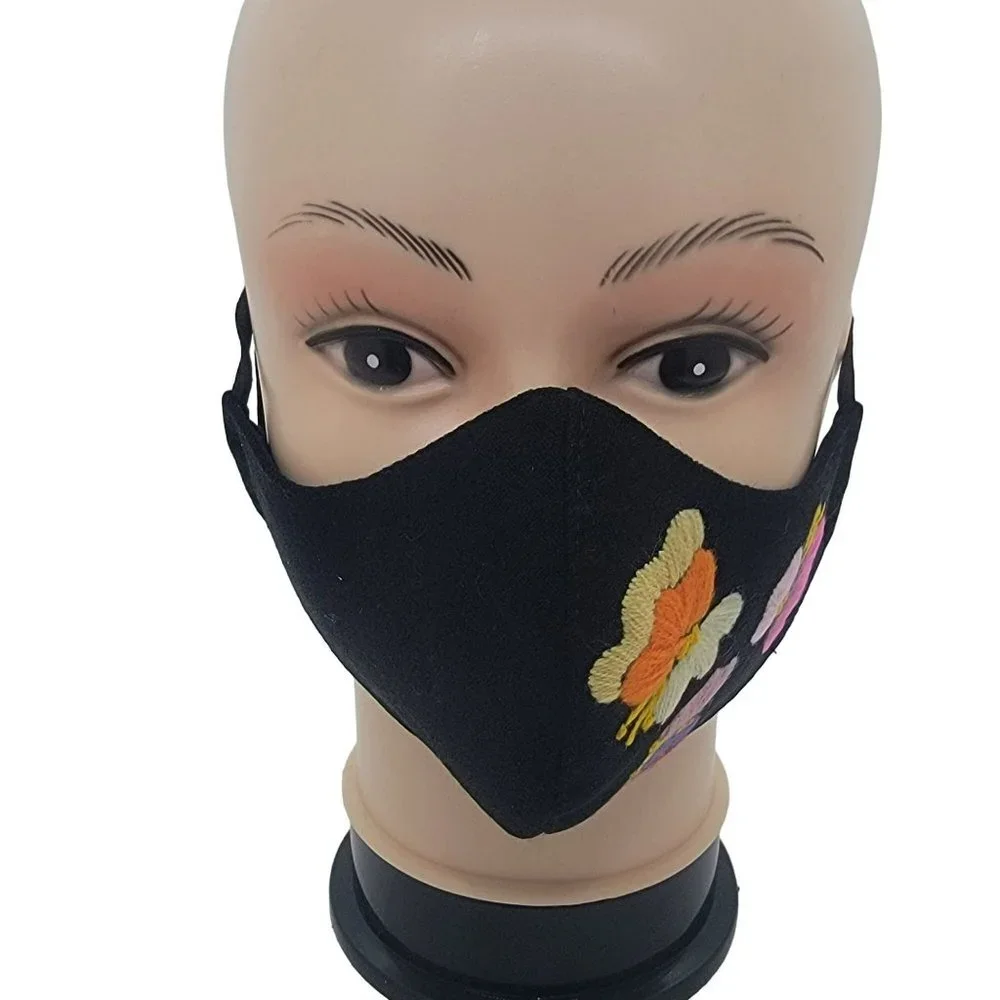 New Cover Face ear loop Women Black Mask Embroidered handmade big Flowers roses